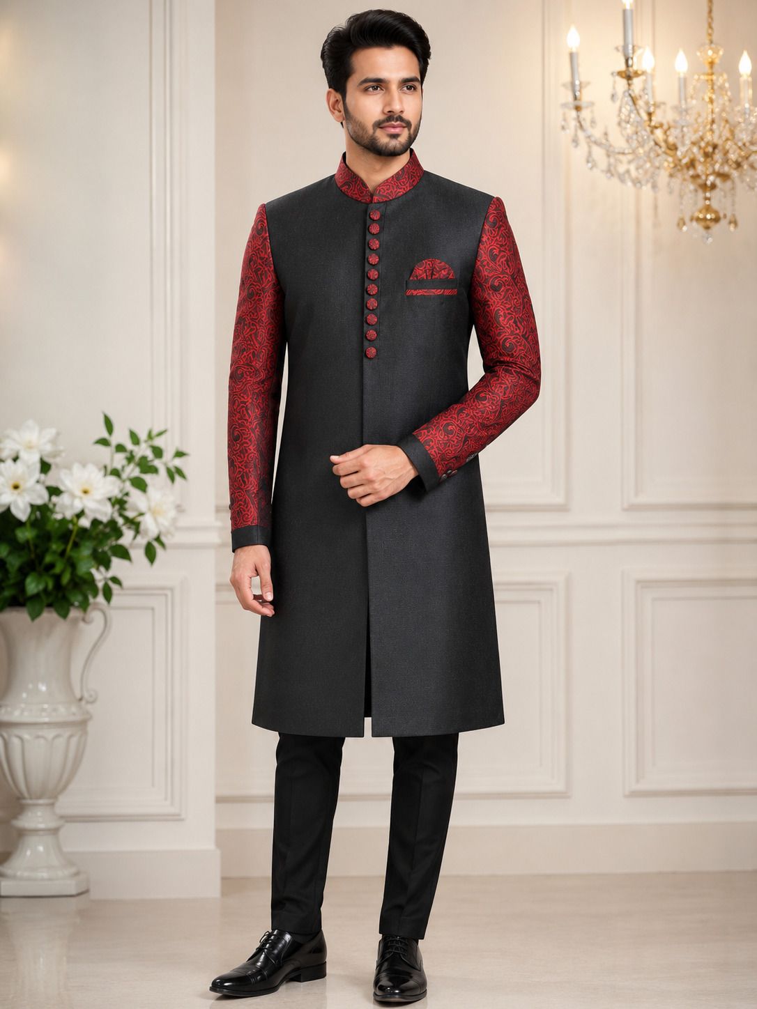 Maahivarr Bandhgala sherwani Floral Print Sherwani-image-0