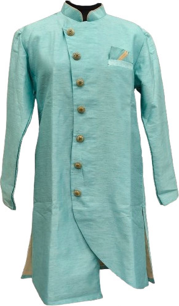 Desi Butik DesiButik Men's Sky Blue Silk Blend Traditional Sherwani with Pant DBOS1063 Solid Sherwani-picture-40