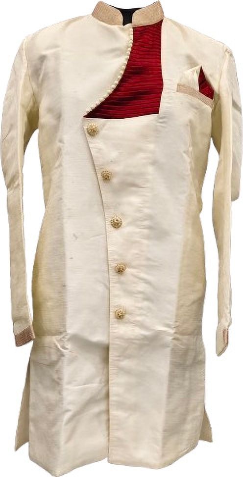 Desi Butik DesiButik Men's Beige Silk Blend Luxurious Sherwani with Pant DBOS1076 Solid Sherwani-image-48