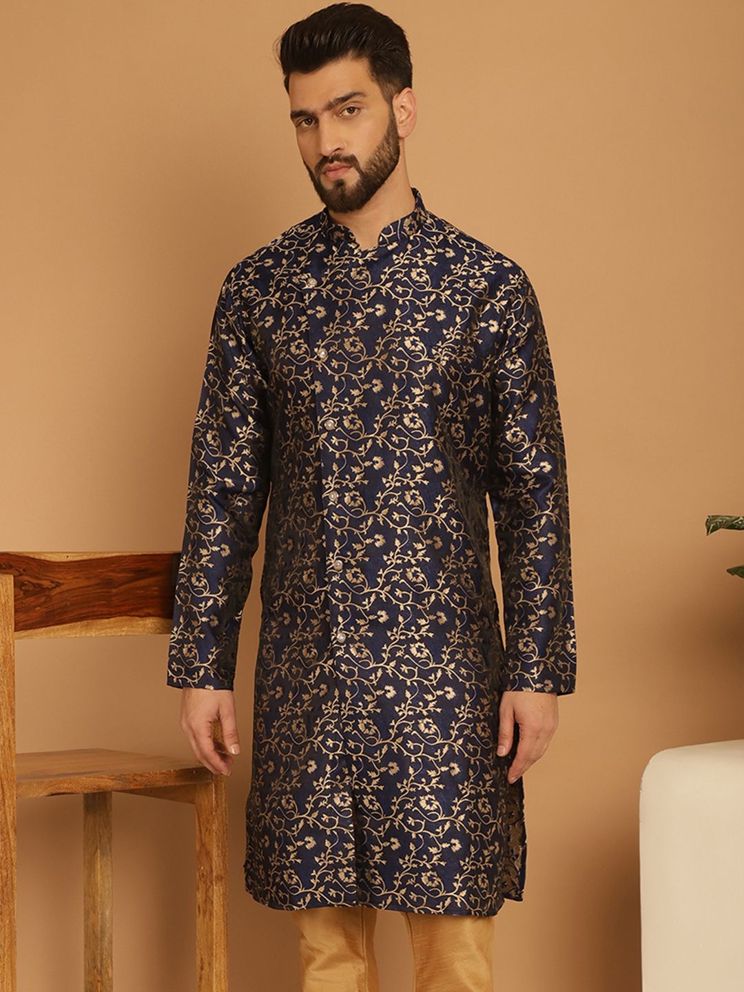 Rati International Blue golden sherwani Self Design Sherwani