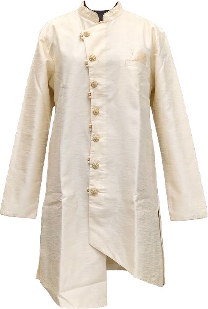 Desi Butik DesiButik Men's Beige Silk Blend Intricate Sherwani with Pant DBMS1082 Embellished Sherwani-image-12