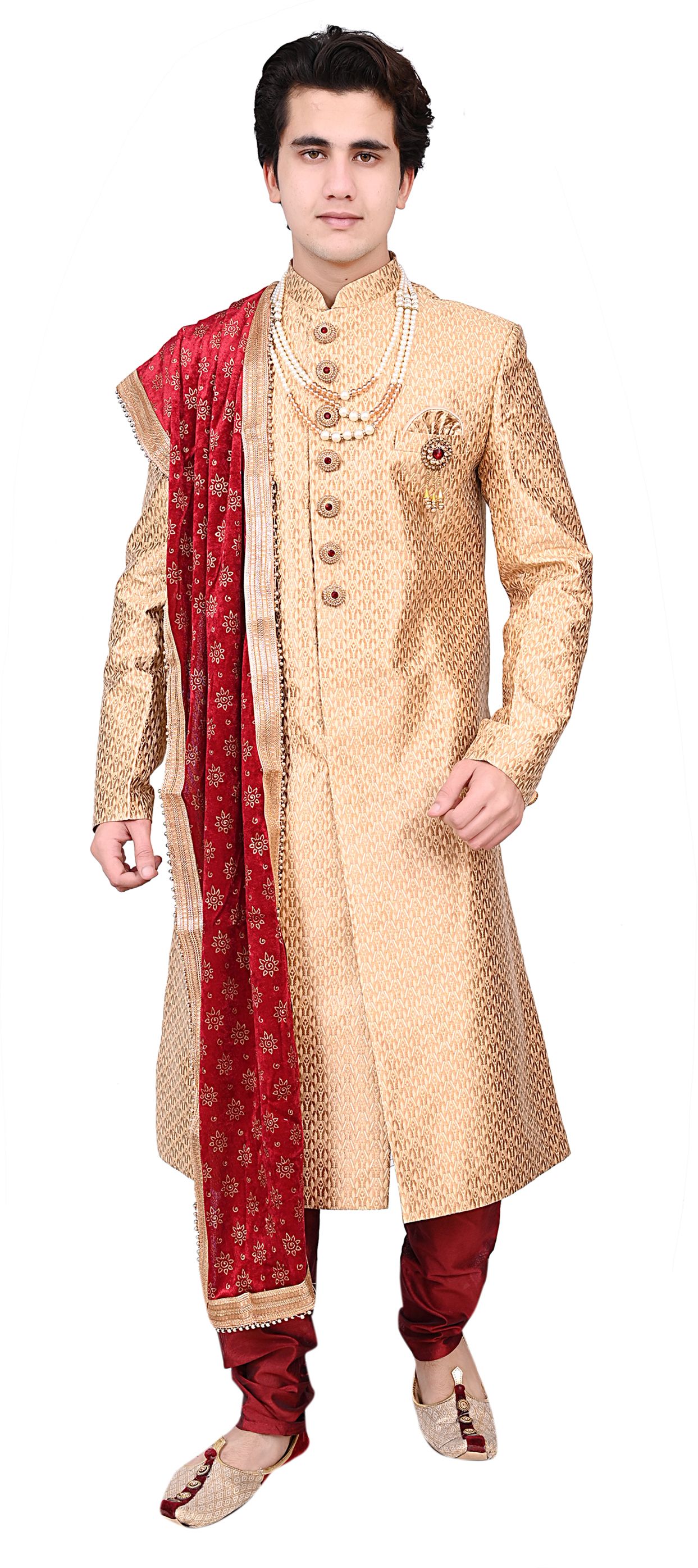 Diamond Style Traditional Groom Sherwani Golden with Dupatta Pajama Mala Embroidered Sherwani-picture-28