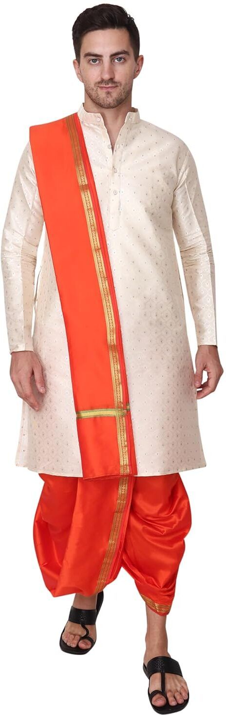 RAMESHWARAM FABRICS Traditional Men's Dhoti Kurta Stole Set with Intricate Embroidery for Festivals Embroidered Sherwani-picture-38