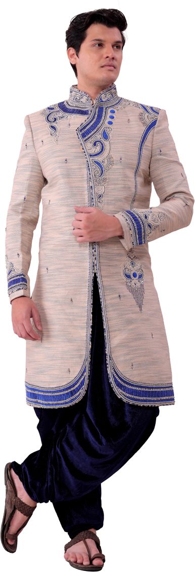 Pooja Ethnic Pooja Ethnic Men's Blue and Beige Silk Sherwani with Dhoti PE9031 Embroidered Sherwani-picture-34