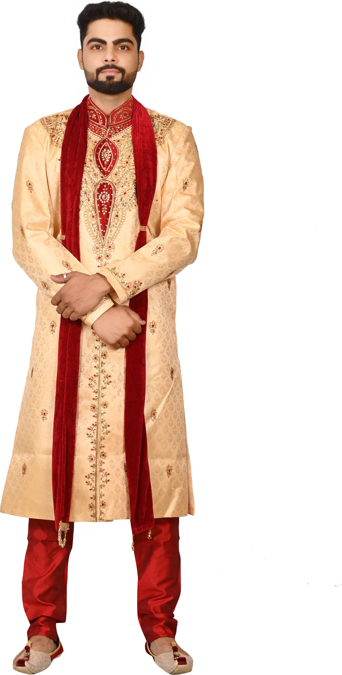 DIAMON STYLEZ Men’s Embroidered Wedding Sherwani Set with Velvet Dupatta Embroidered Sherwani-image-19