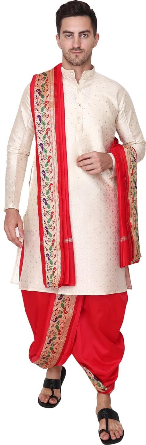 RAMESHWARAM FABRICS Men's Traditional Wedding Dress Readymade Dhoti with Sherwani Style Kurta- Stole Embellished Sherwani-image-30