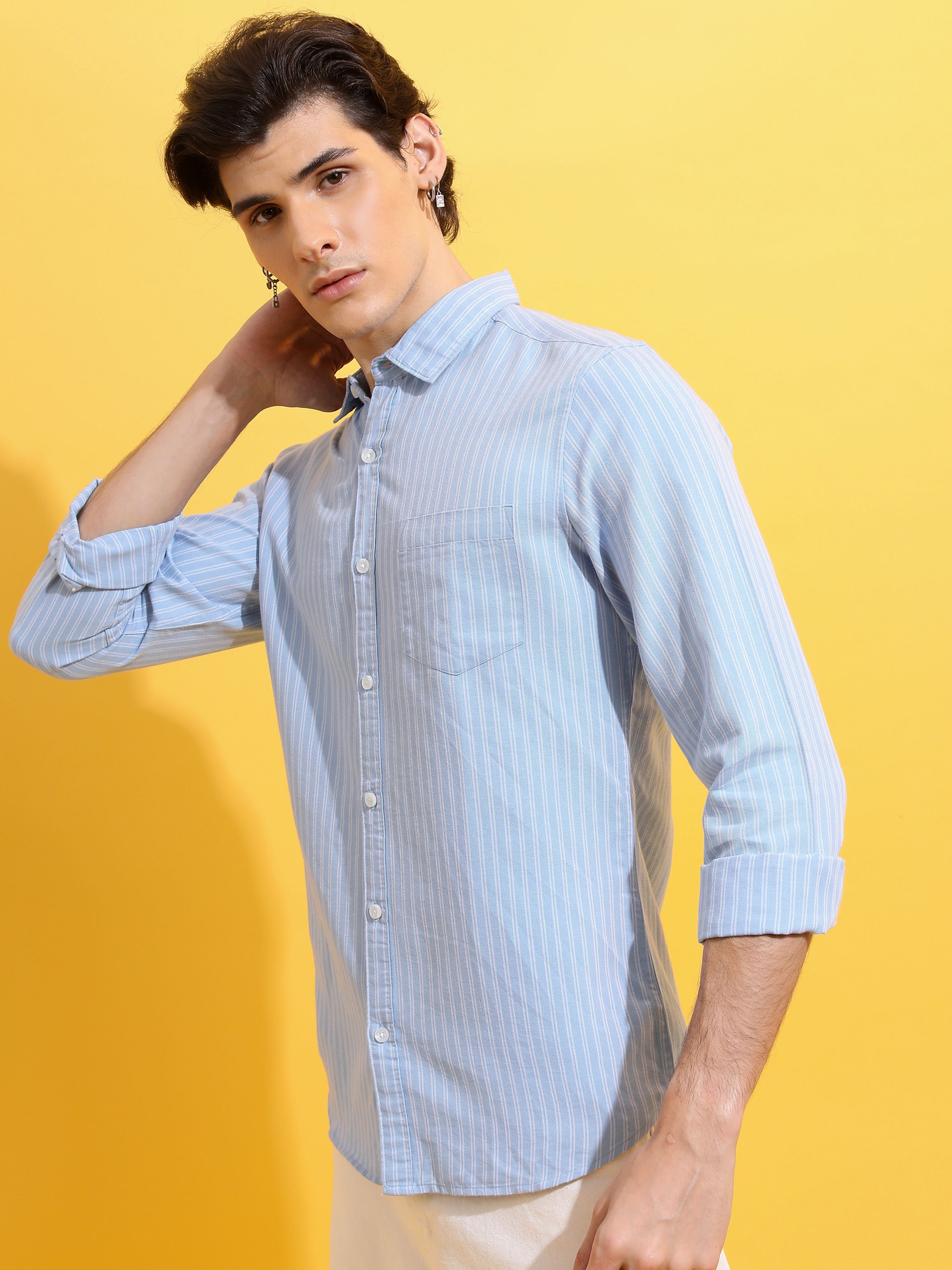 highlander Men Slim Fit Striped Cut Away Collar Casual Shirt-picture-12