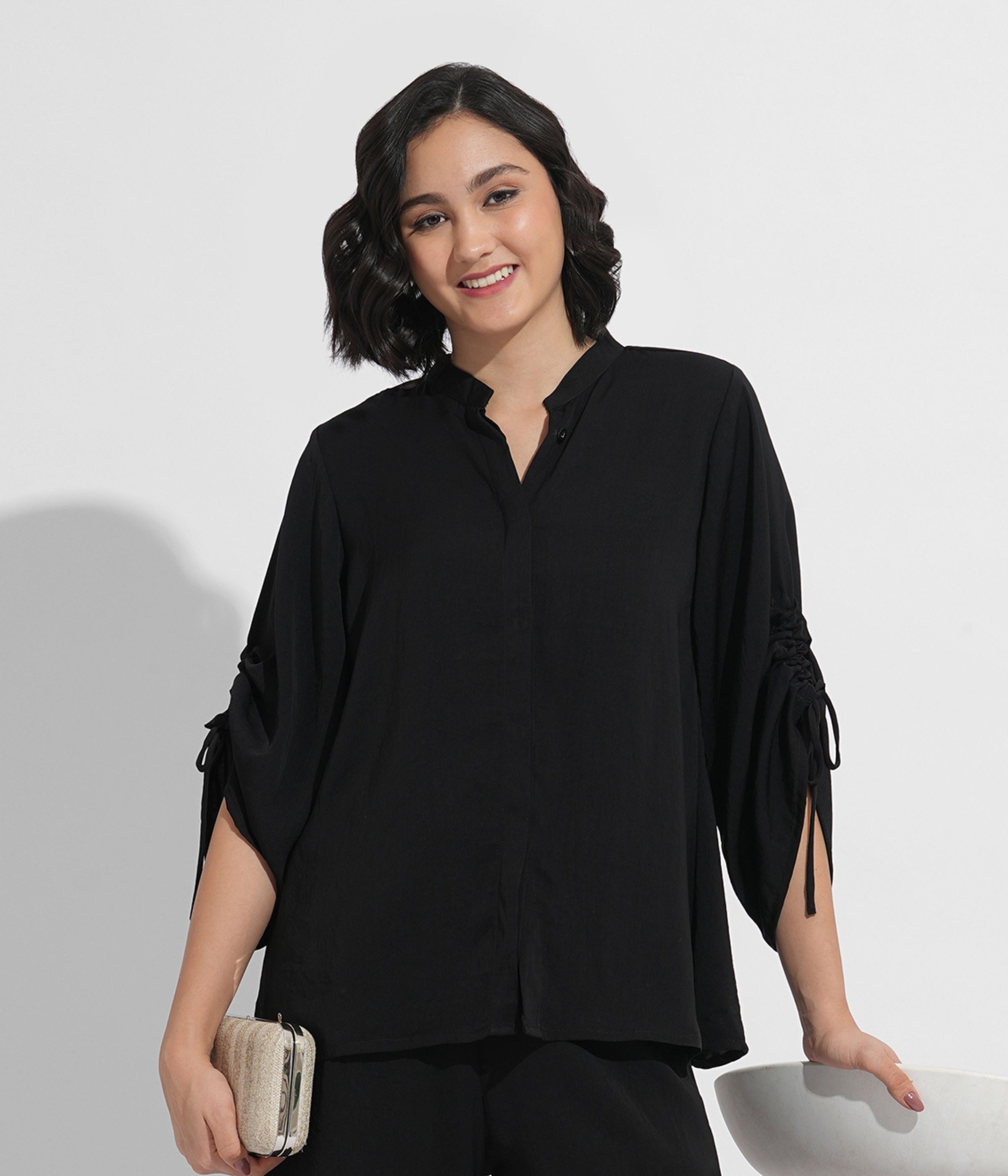fashfun Women Oversized Fit Solid Mandarin Collar Casual Shirt-picture-14