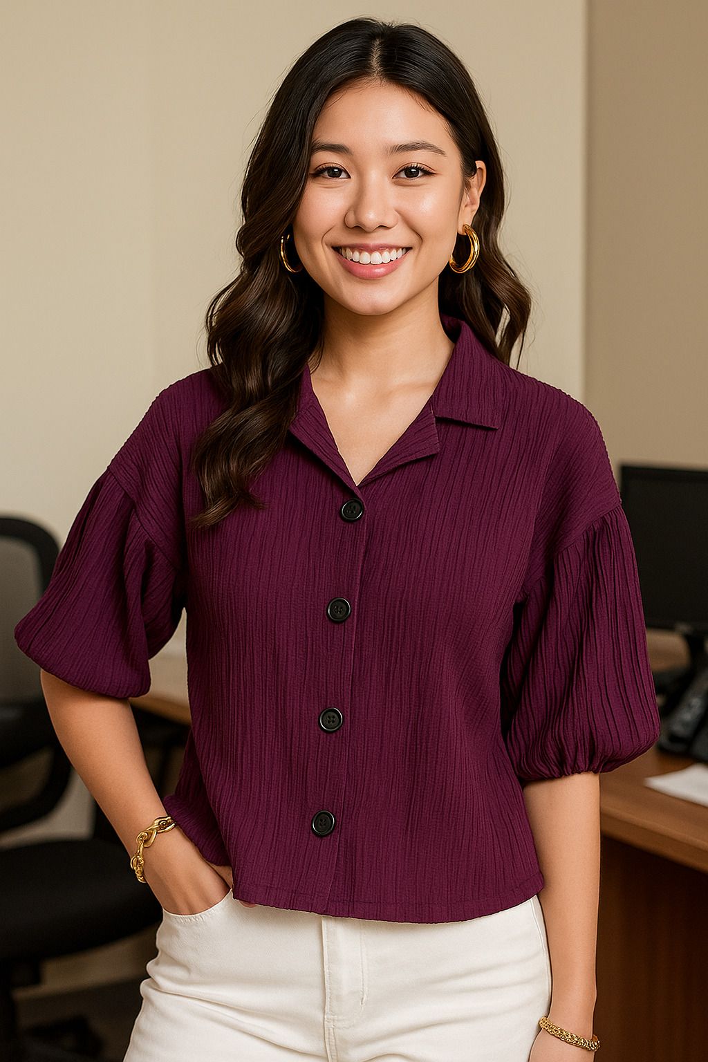 Women Boxy Fit Solid Lapel Collar Casual Shirt