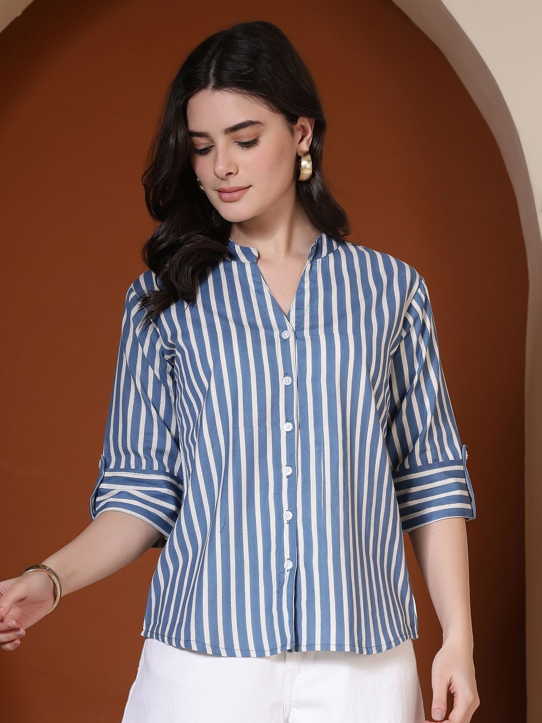 febq Women Regular Fit Striped Mandarin Collar Casual Shirt-picture-11