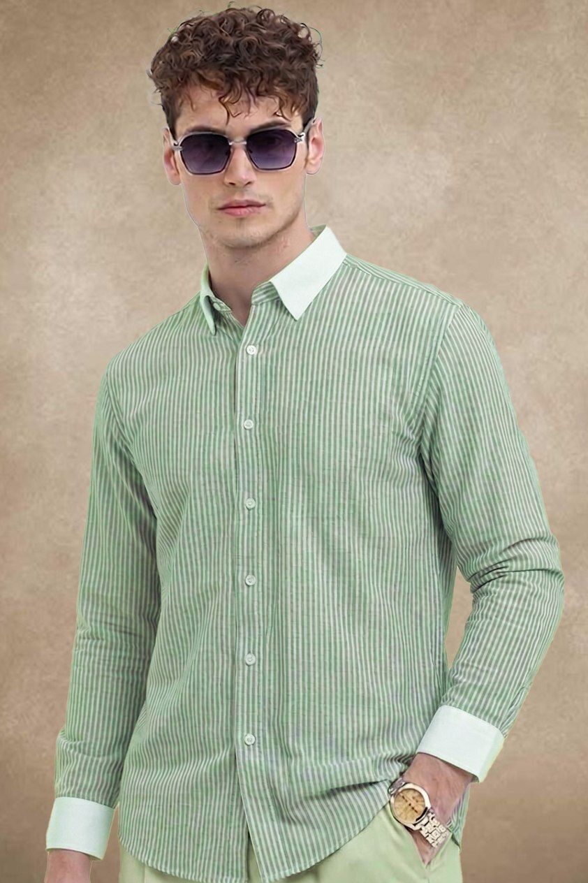Men Tailored Fit Striped Spread Collar Casual Shirt-image-4