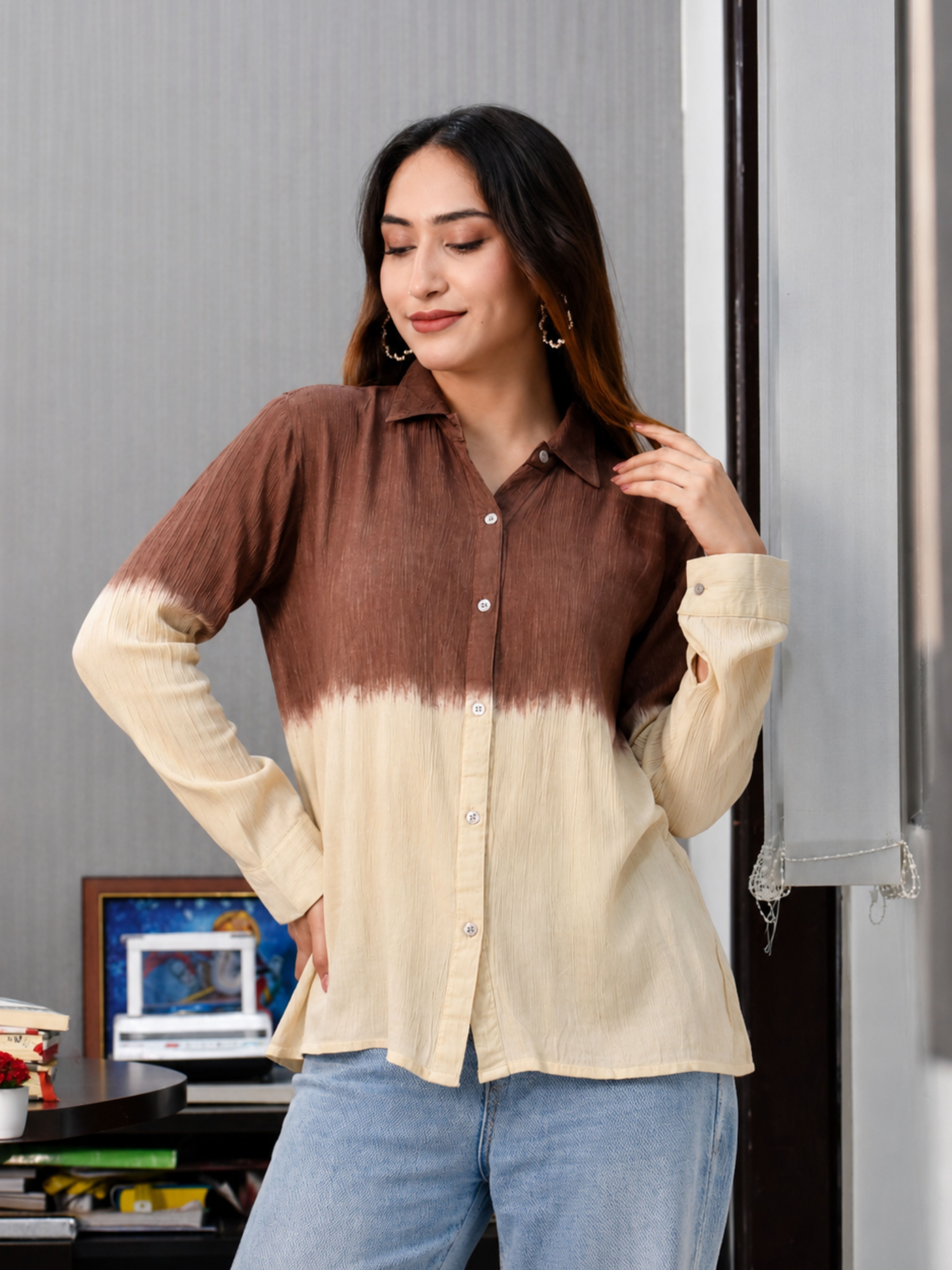 maaesa Women Regular Fit Dyed/Ombre Spread Collar Casual Shirt-picture-14