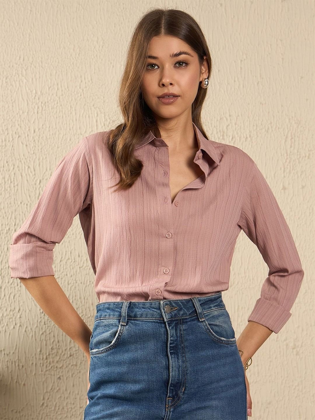 metronaut Women Oversized Fit Self Design Spread Collar Casual Shirt-picture-28