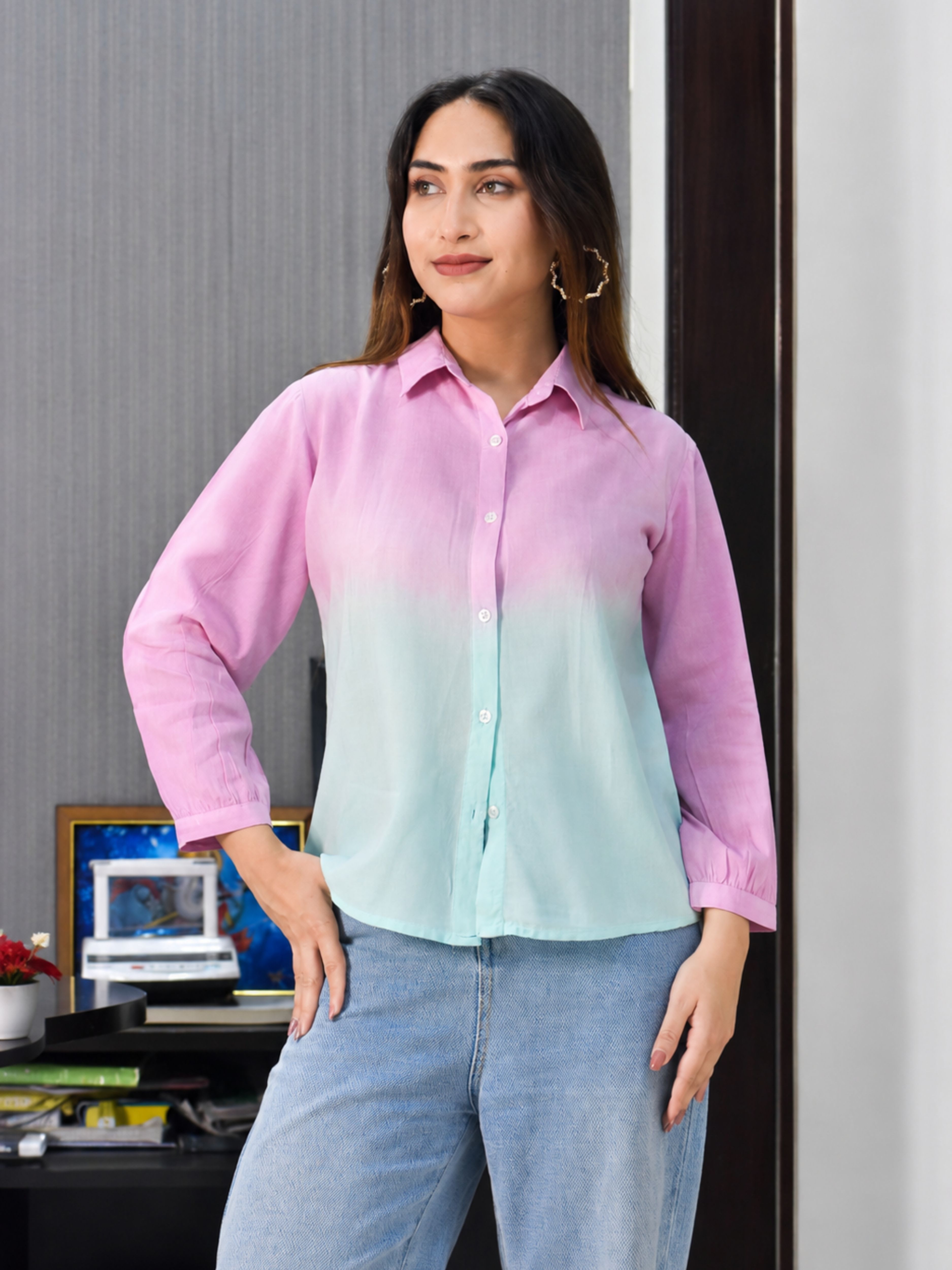 maaesa Women Regular Fit Dyed/Ombre Spread Collar Casual Shirt-picture-7