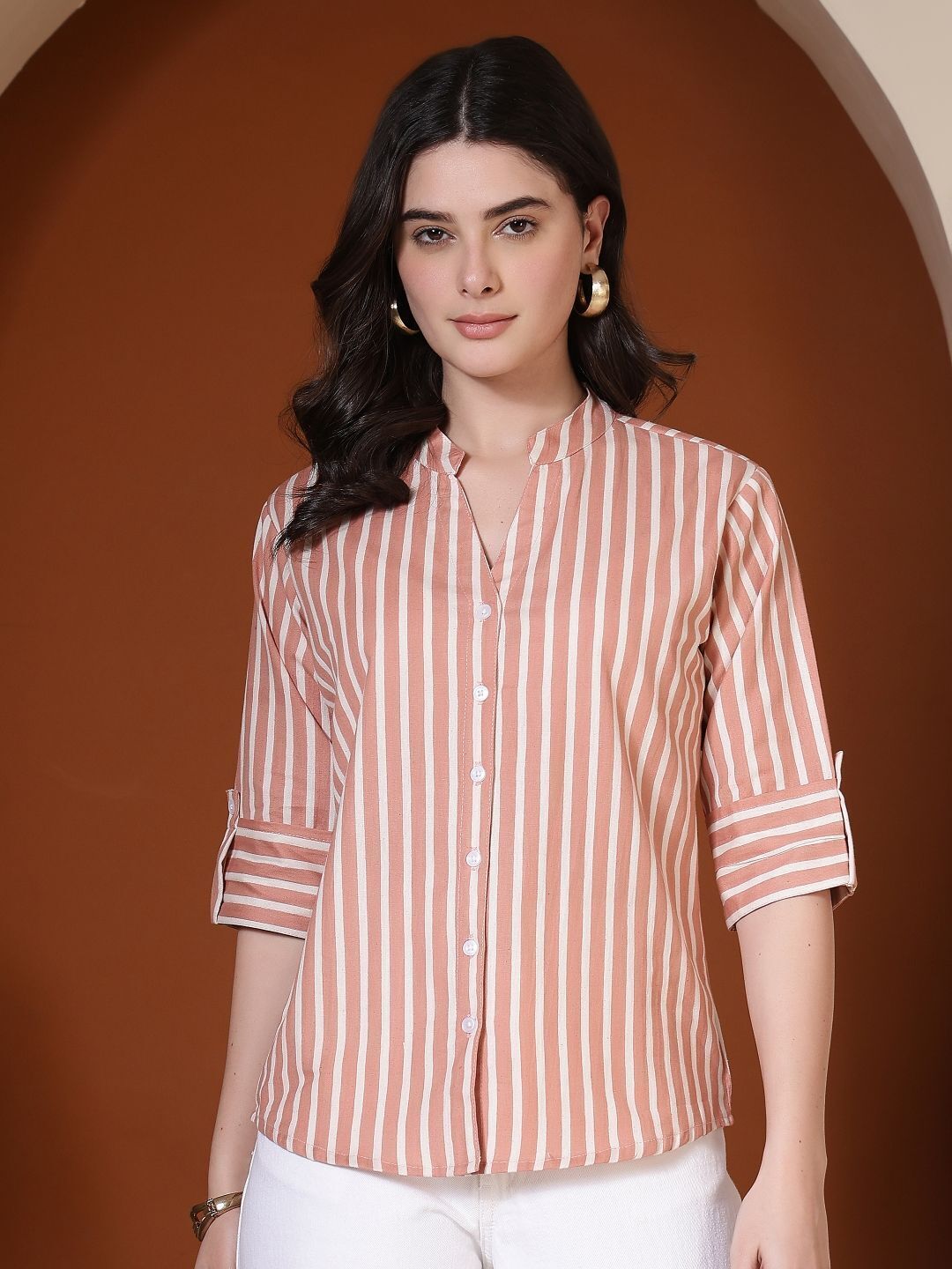 gudwears Women Regular Fit Striped Mandarin Collar Casual Shirt-picture-26
