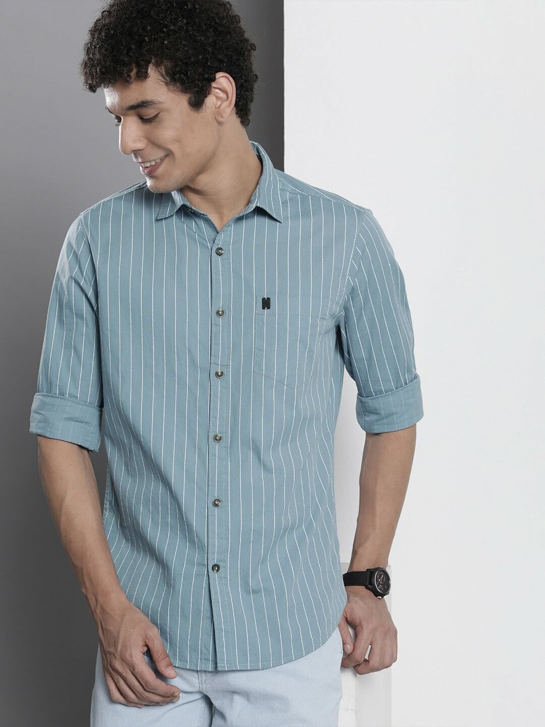 the indian garage co. Men Slim Fit Striped Cut Away Collar Casual Shirt-picture-19