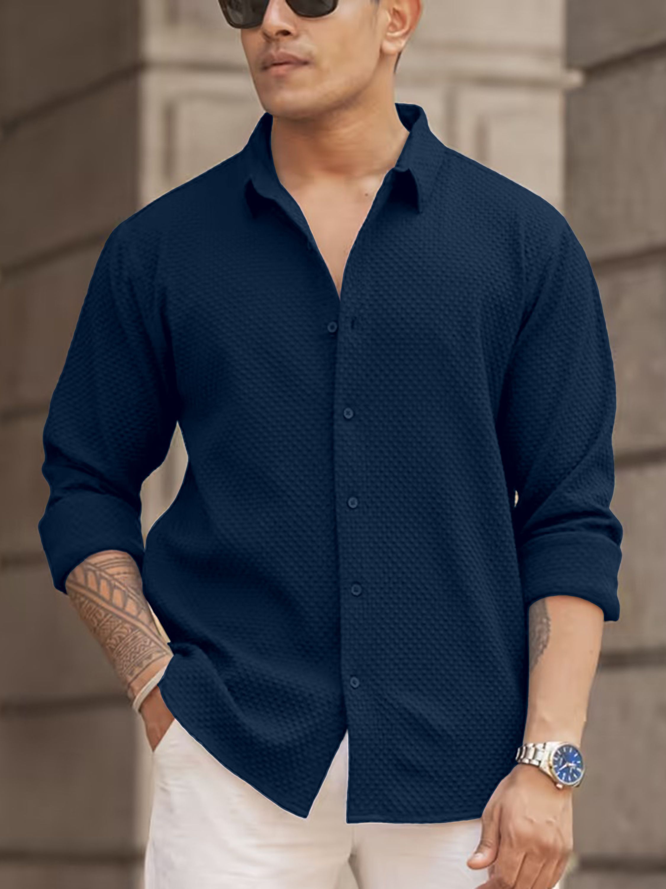 Men Regular Fit Self Design Spread Collar Casual Shirt-image-1