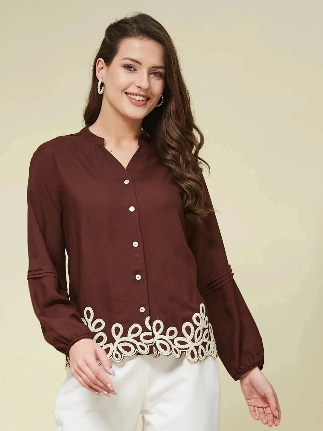 Women Regular Fit Embroidered Mandarin Collar Casual Shirt