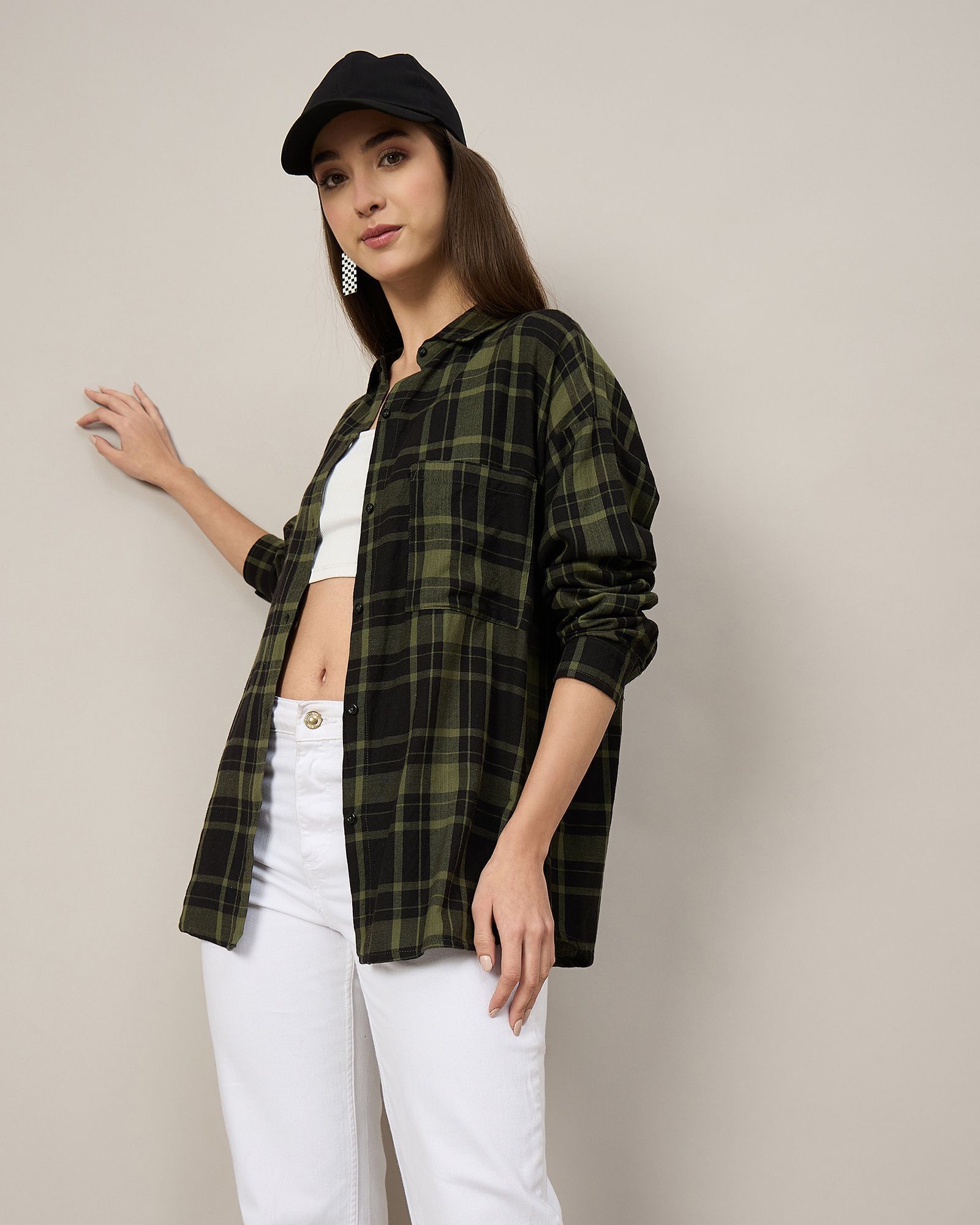chimpaaanzee Women Oversized Fit Checkered Spread Collar Casual Shirt-picture-11