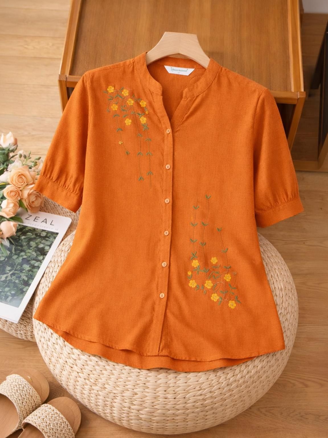 Women Regular Fit Embroidered Mandarin Collar Casual Shirt-image-39