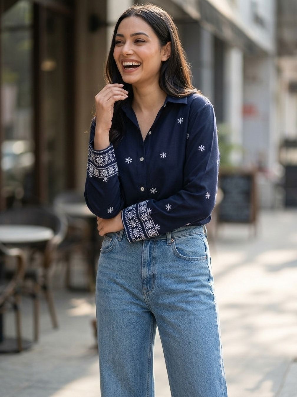 Women Regular Fit Embroidered, Embellished Spread Collar Casual Shirt-image-21