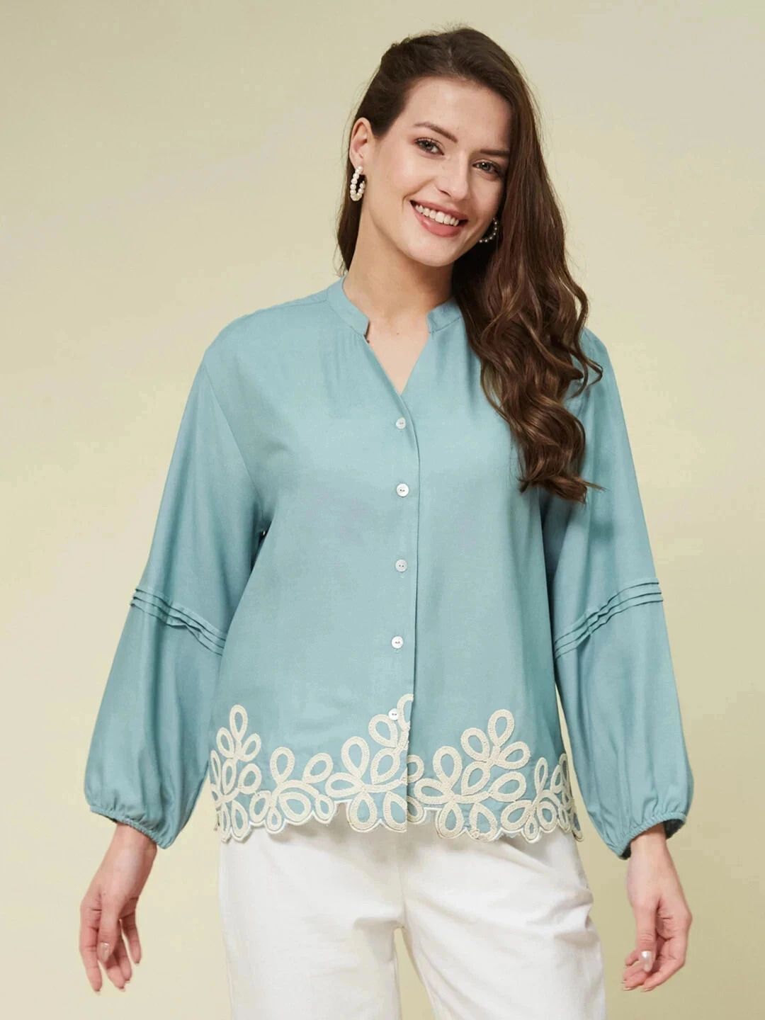 j turritopsis Women Regular Fit Embroidered Mandarin Collar Casual Shirt-picture-28