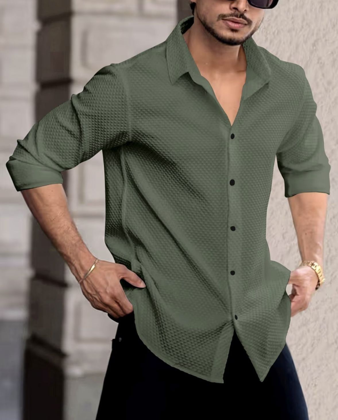 Men Regular Fit Self Design Spread Collar Casual Shirt