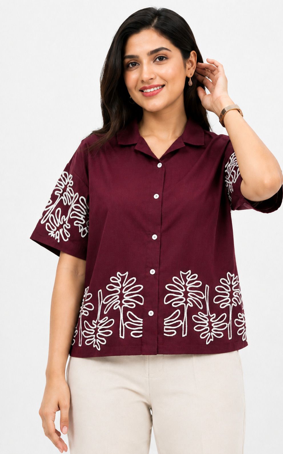 Women Regular Fit Embroidered Spread Collar Casual Shirt-image-40