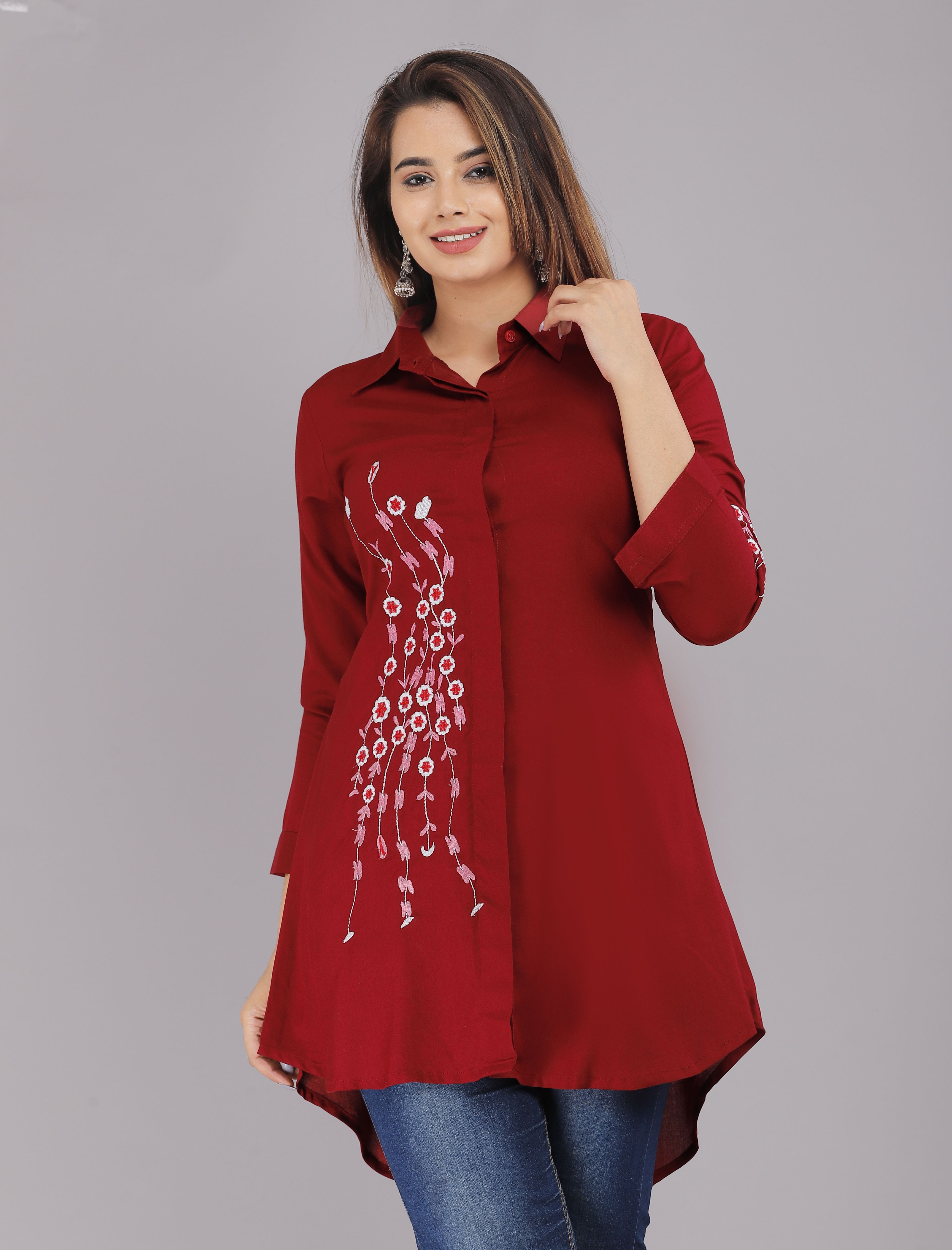 Myorica Casual Maroon Women Regular Fit Embroidered Spread Collar Casual Shirt-image-12