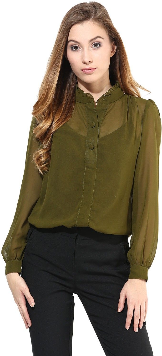 Full Sleeves Top With Ruffled Collar Women Regular Fit Solid Mandarin Collar Casual Shirt-image-6