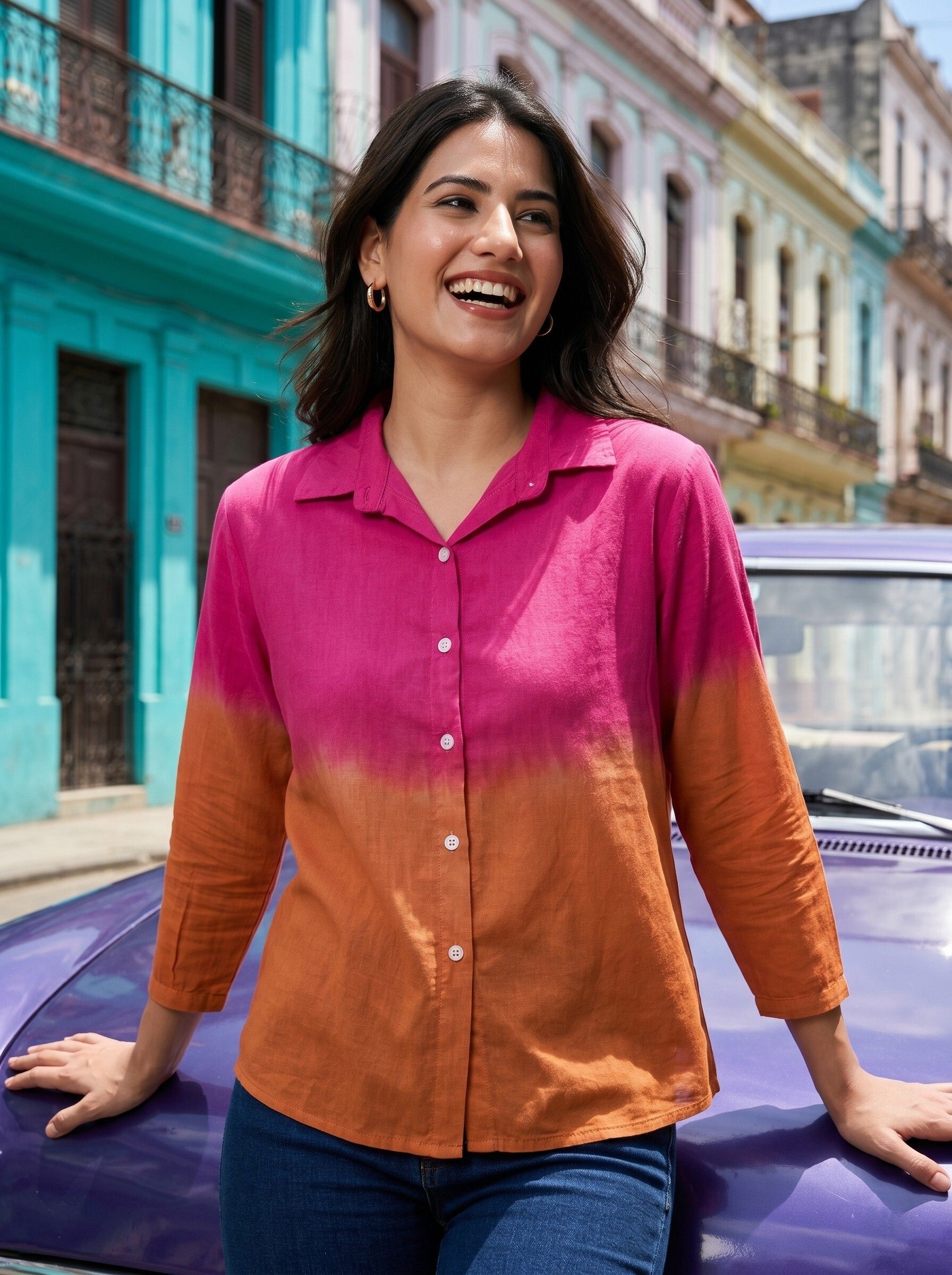 house of urban naari Women Relaxed Fit Dyed/Ombre Spread Collar Casual Shirt-picture-21