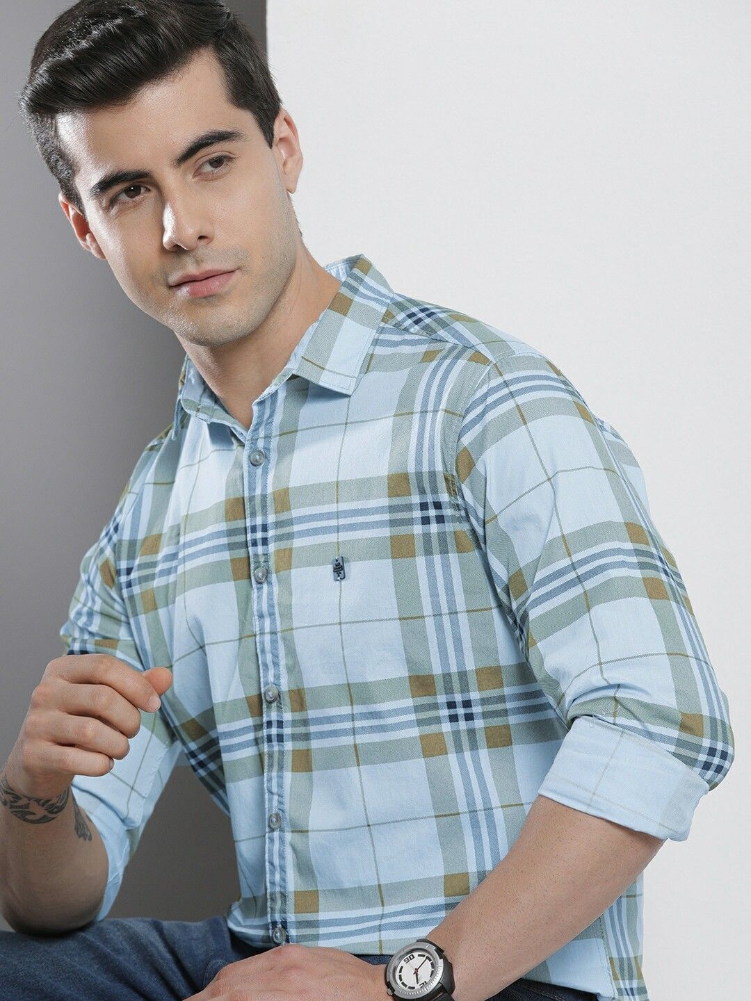 the indian garage co. Men Regular Fit Checkered Cut Away Collar Casual Shirt-picture-37