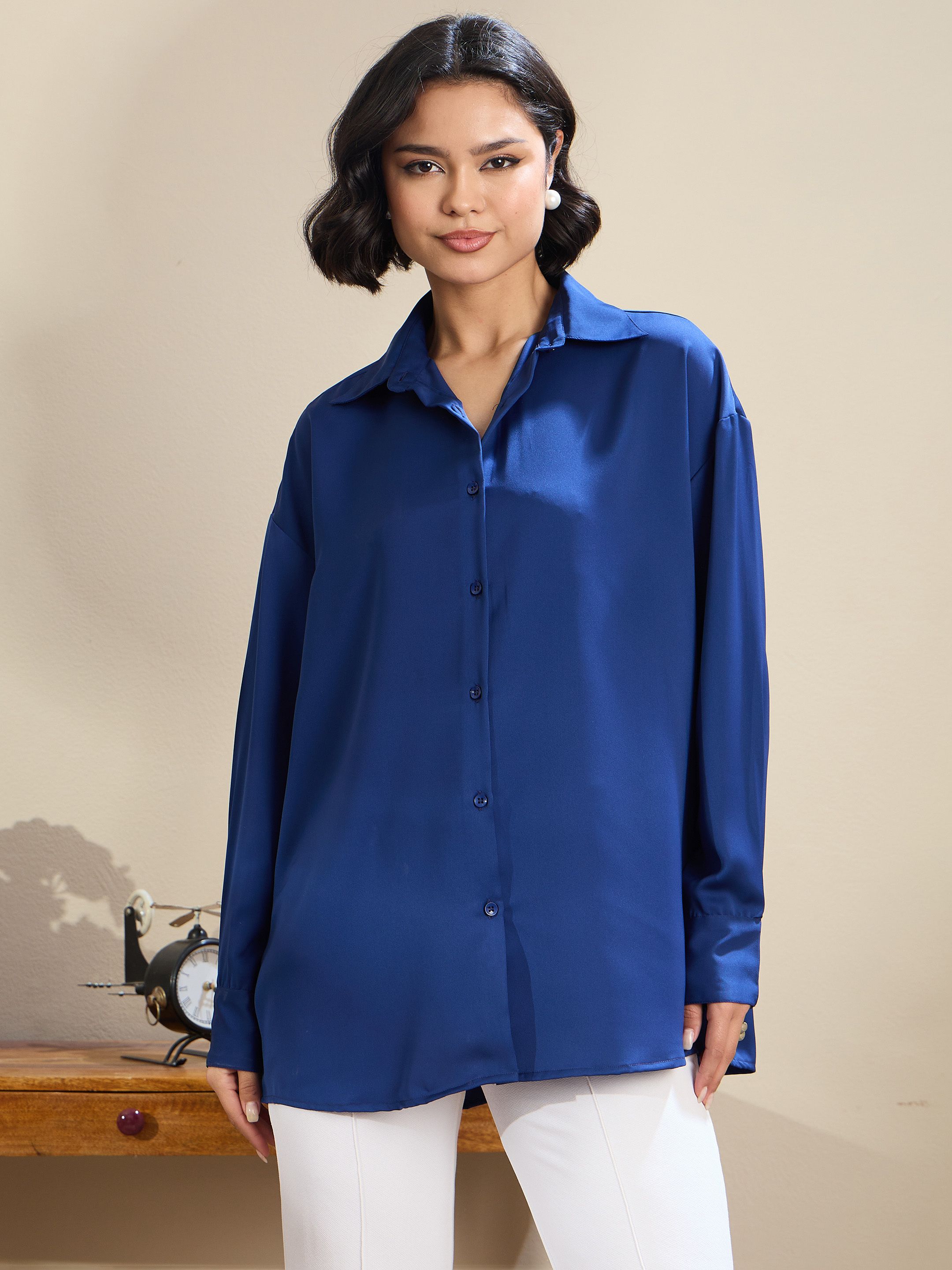 sassafras Women Oversized Fit Solid Spread Collar Casual Shirt-picture-10