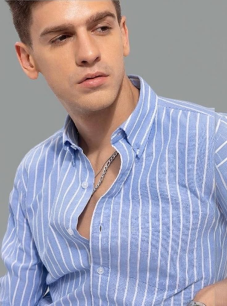 Men Slim Fit Striped Spread Collar Casual Shirt-image-49