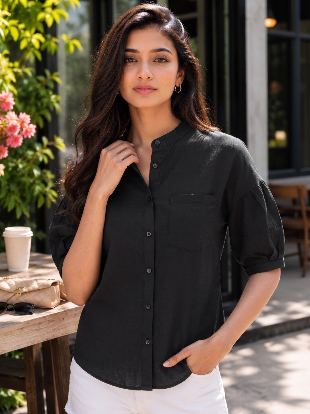 theclassictogs Women Regular Fit Solid Mandarin Collar Casual Shirt-picture-13