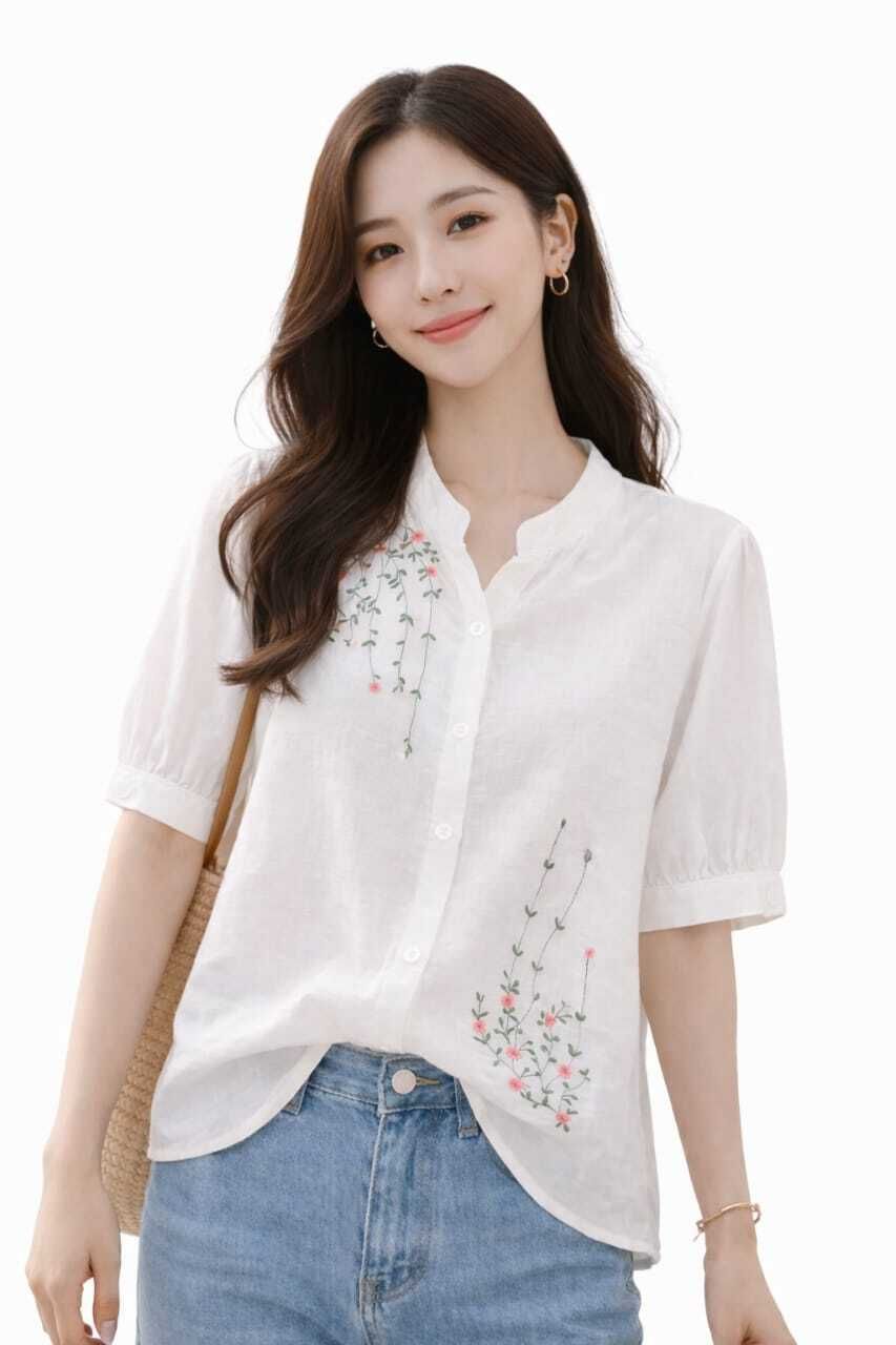 Women Relaxed Fit Embroidered Mandarin Collar Casual Shirt-image-46
