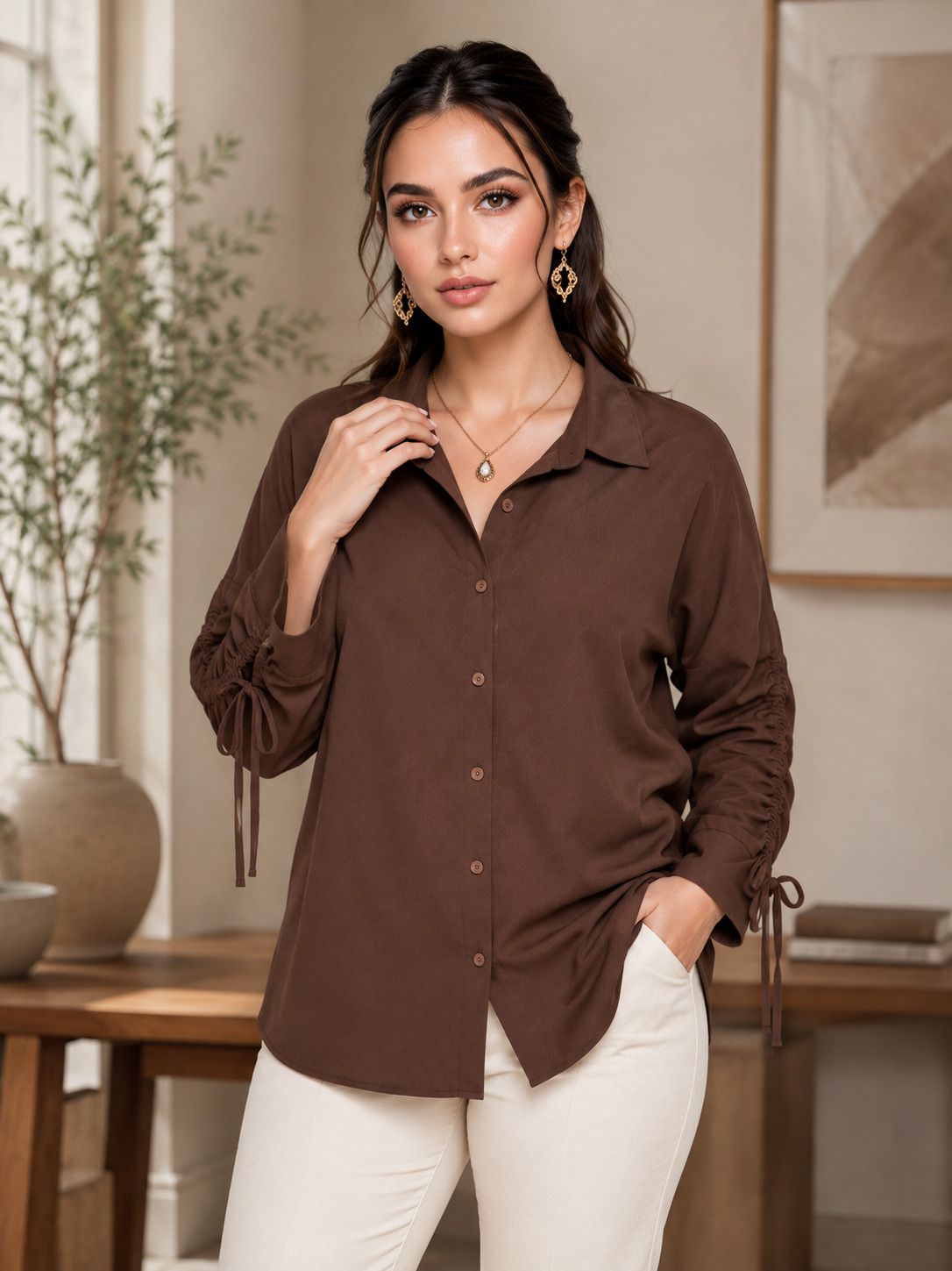 tinz Women Regular Fit Solid Cut Away Collar Casual Shirt-picture-8
