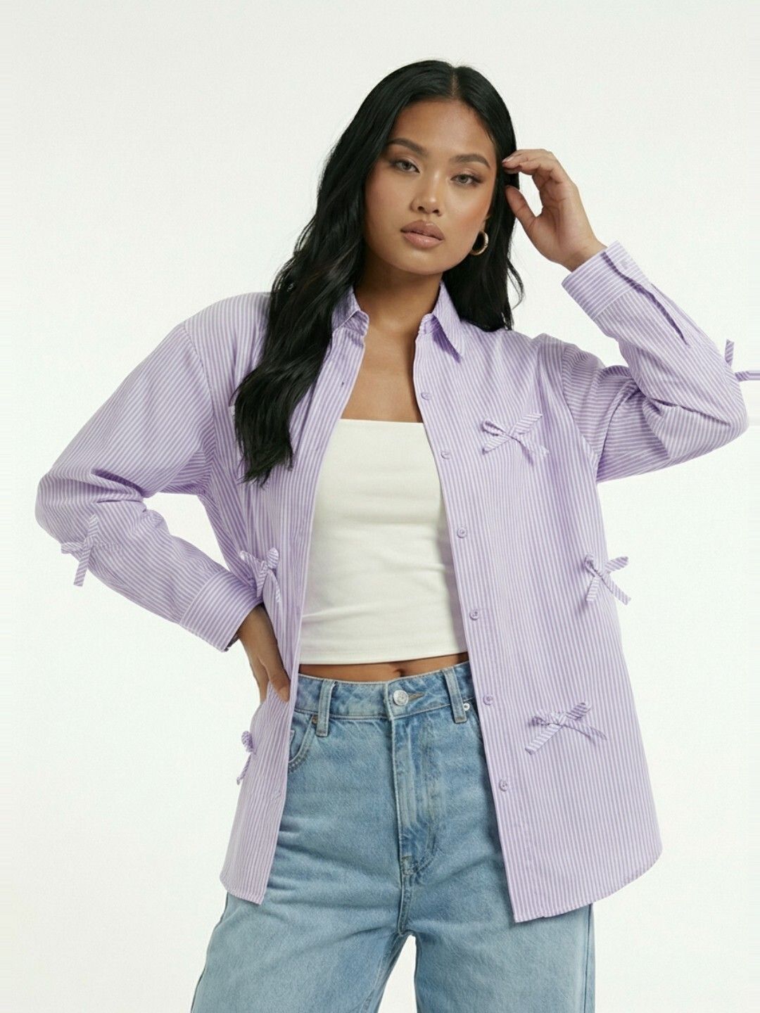 Women Oversized Fit Striped Button Down Collar Casual Shirt-image-35