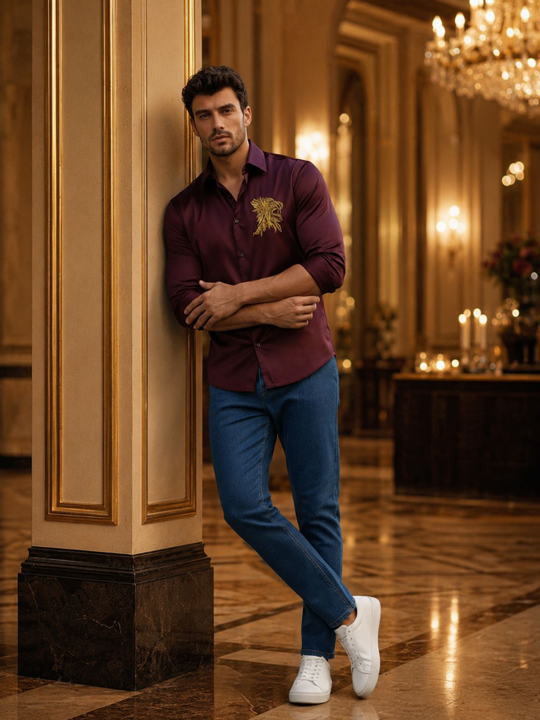 Men Slim Fit Embroidered Spread Collar Party Shirt-image-38