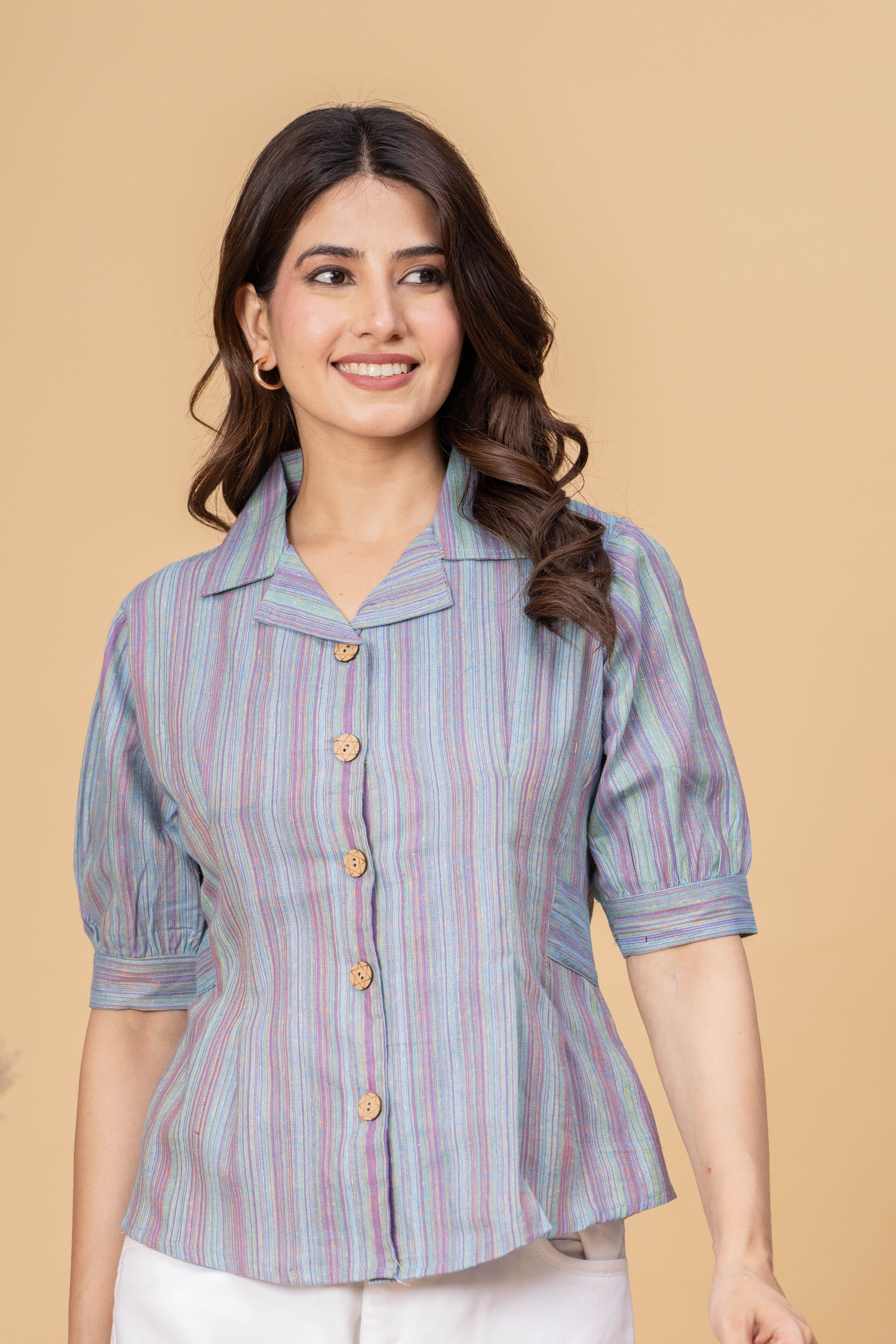 Women Regular Fit Striped Club Collar Casual Shirt