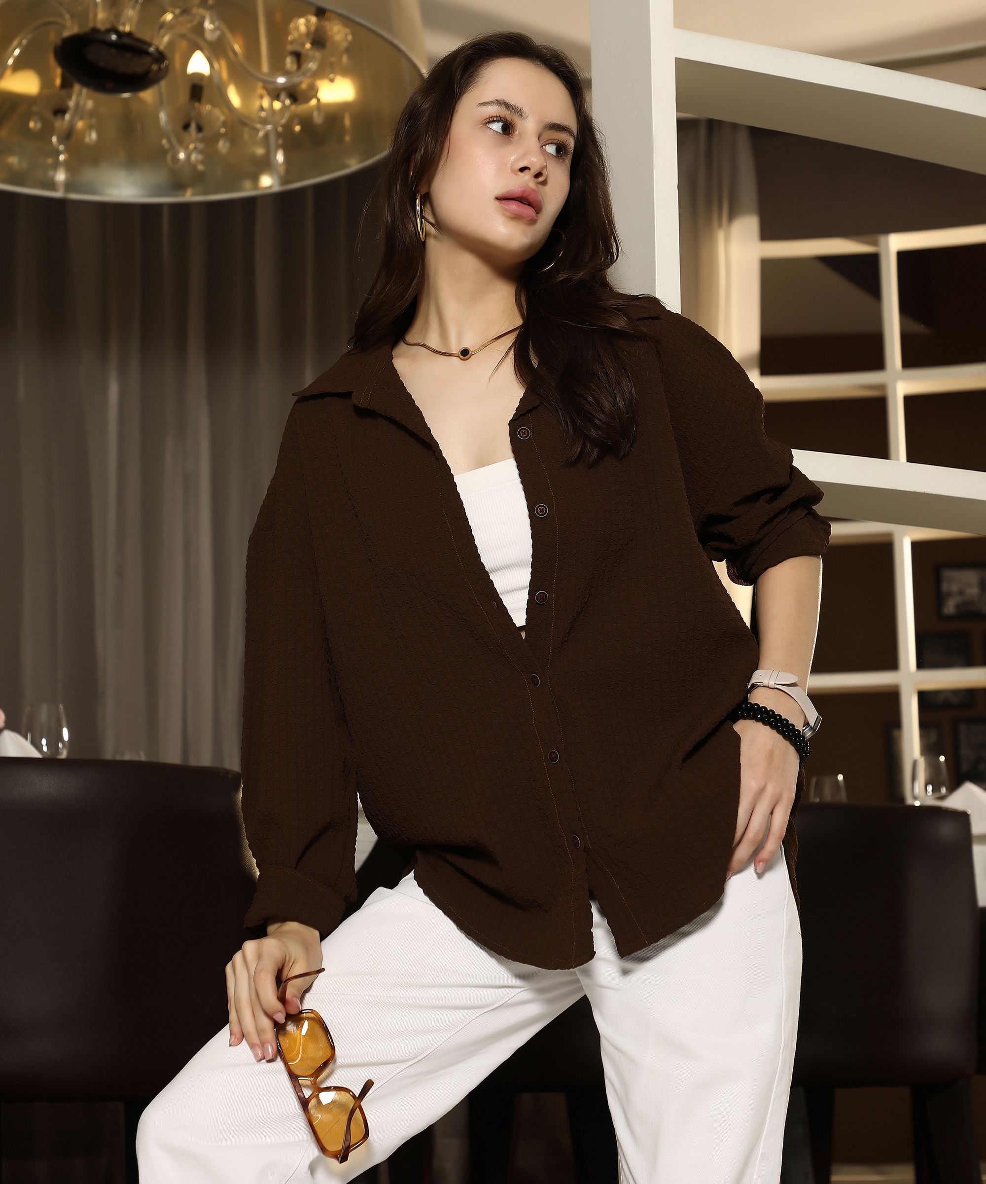 pinacolada Women Oversized Fit Self Design Spread Collar Casual Shirt-picture-17