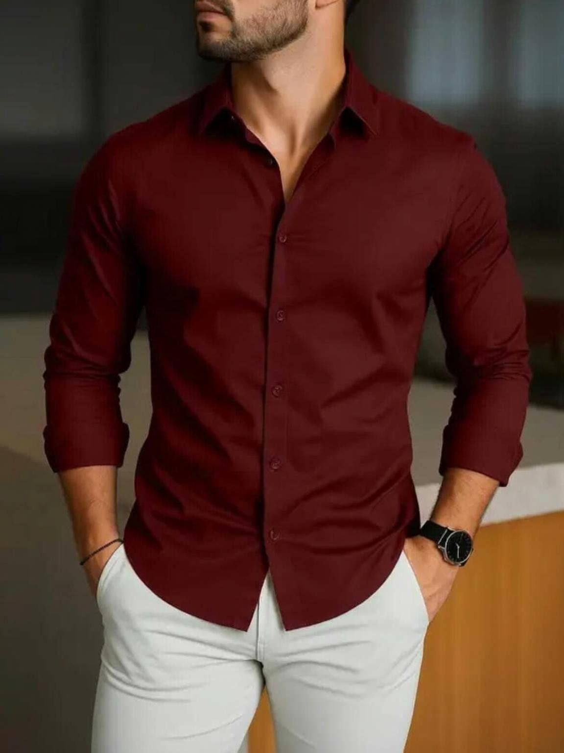 fatty moouse Men Slim Fit Solid Spread Collar Casual Shirt-picture-22