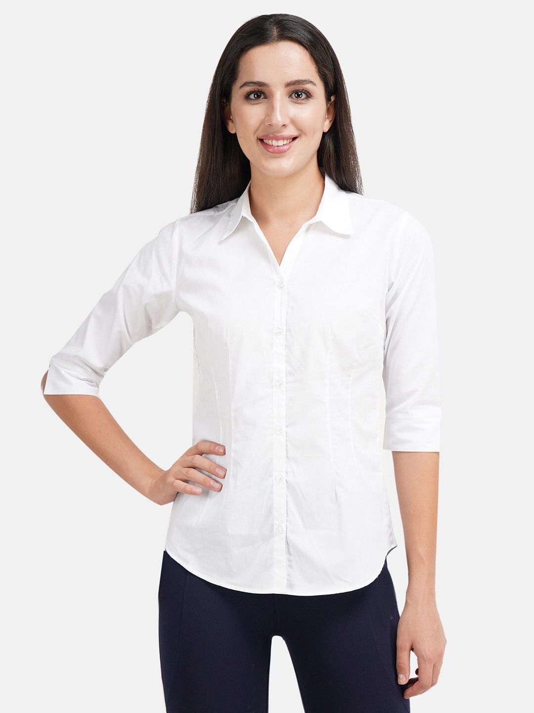 Women Regular Fit Solid Curved Collar Formal Shirt-image-4