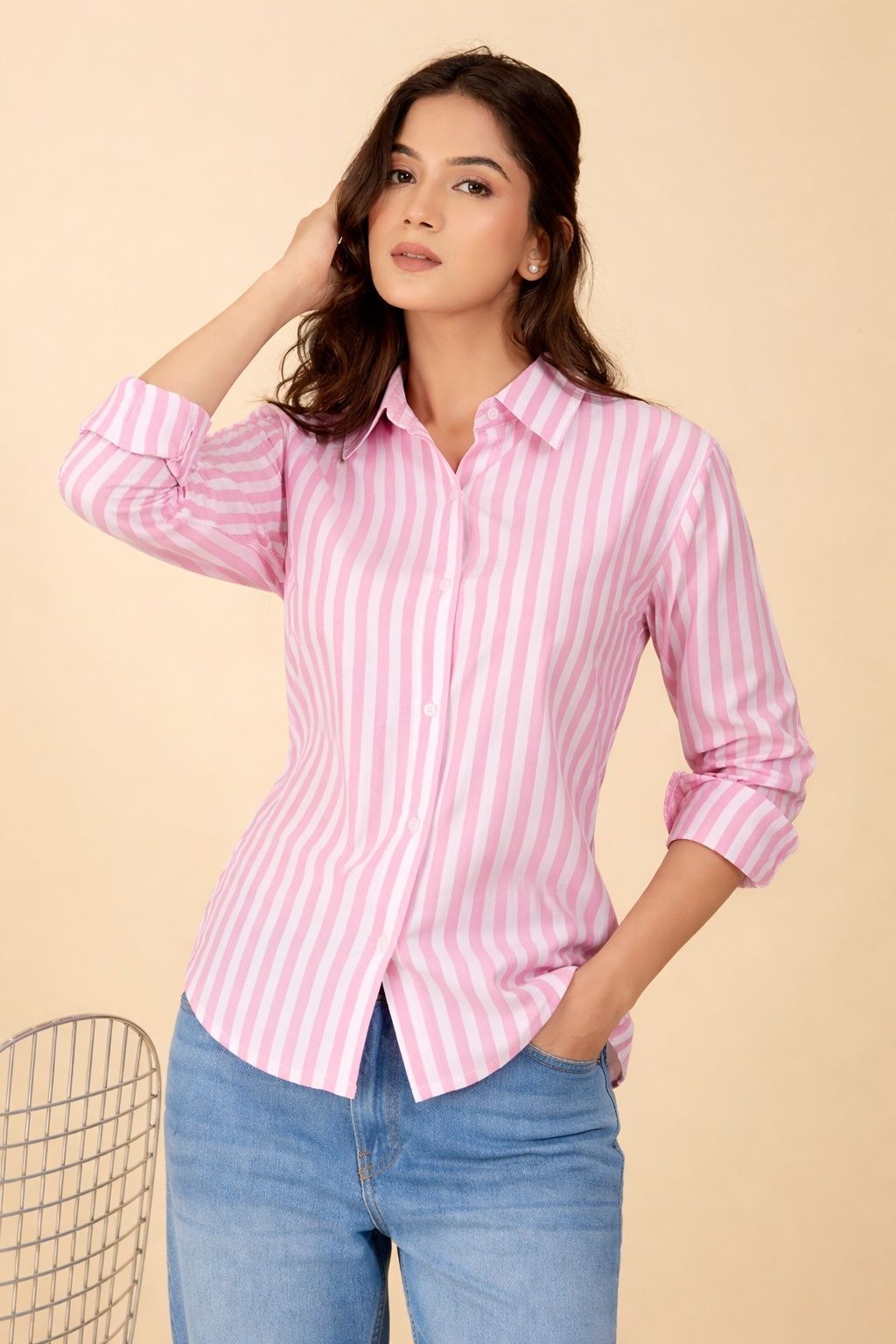 house of mira Women Oversized Fit Striped Spread Collar Casual Shirt-picture-37