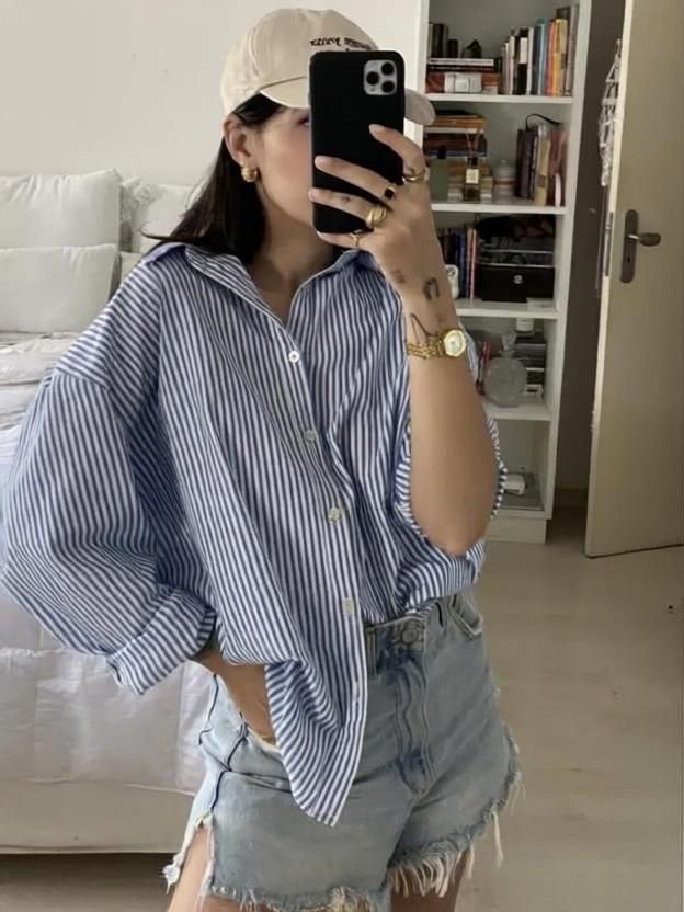Women Oversized Fit Striped Button Down Collar Casual Shirt-image-24