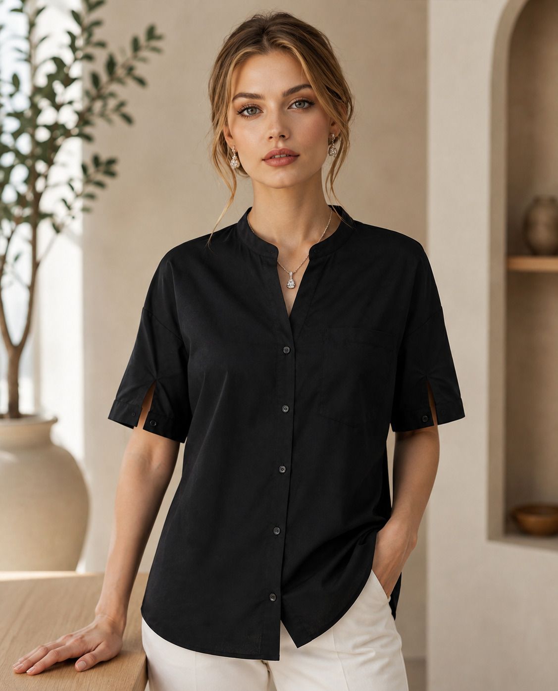 tinz Women Regular Fit Solid Cut Away Collar Casual Shirt-picture-9