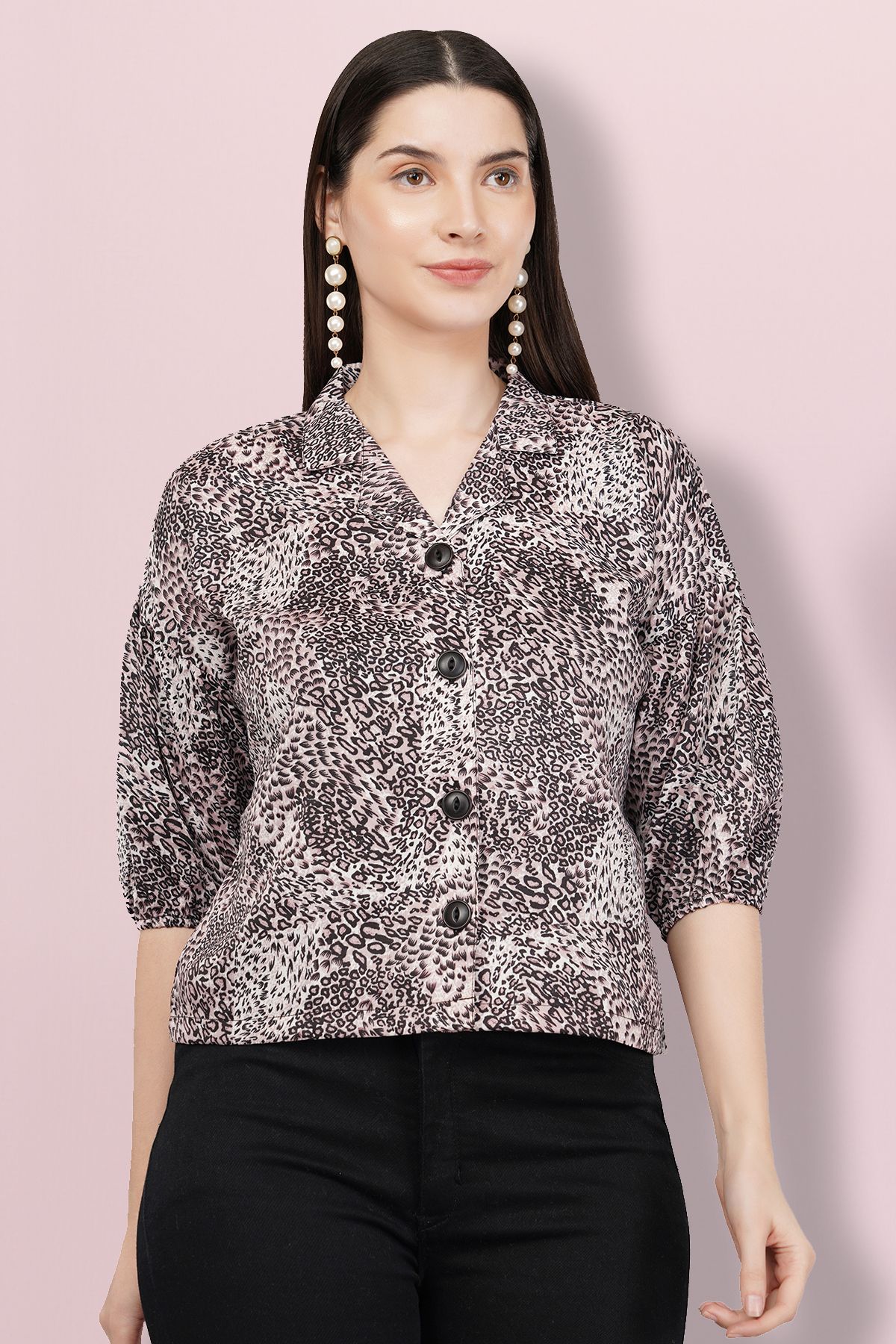 glitter fashion Women Boxy Fit Printed Lapel Collar Casual Shirt-picture-14