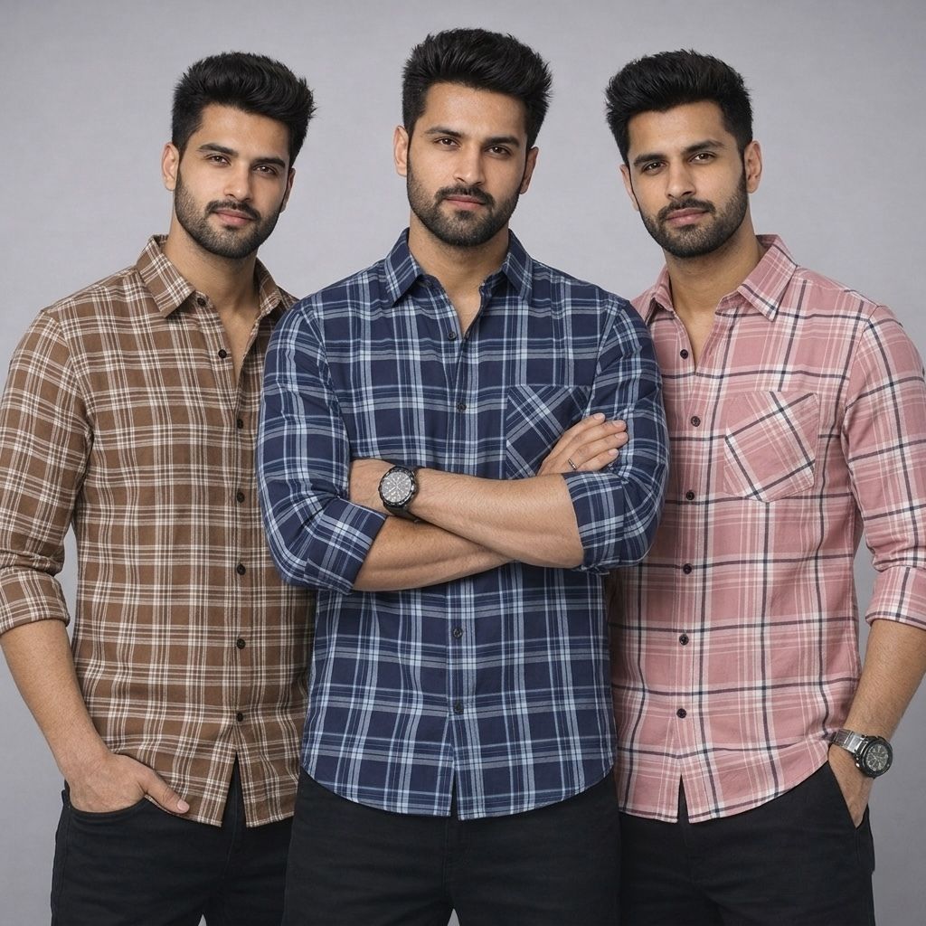 mbf66 Men Slim Fit Checkered Spread Collar Casual Shirt-picture-15