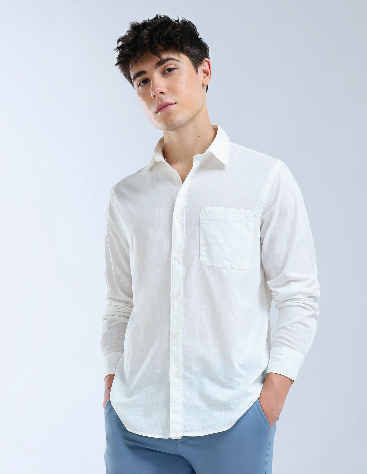 flying machine Men Slim Fit Solid Spread Collar Casual Shirt-picture-19