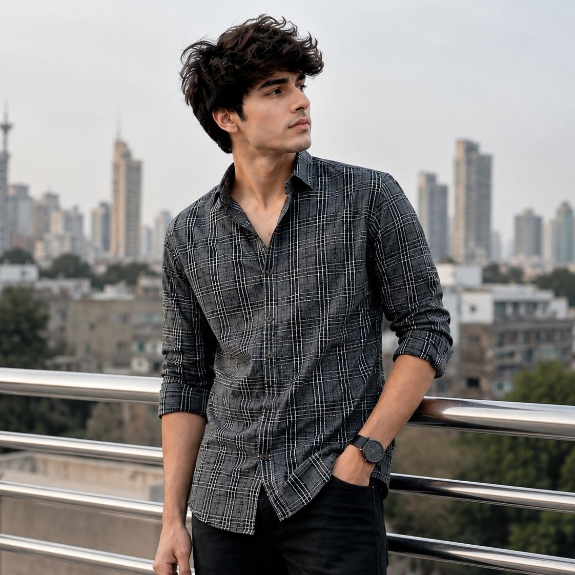 Men Regular Fit Checkered Lapel Collar Casual Shirt-image-5
